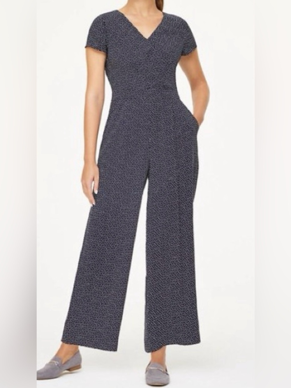 LOFT Navy Blue Polka Dot Patterned Wide-Leg Jumpsuit